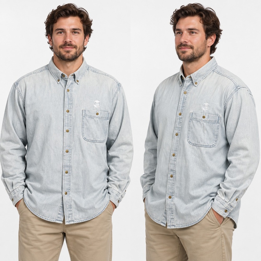 Vtg All Sport Real Good Denim Shirt Mens XL Light Wash Barbershop Embroidered